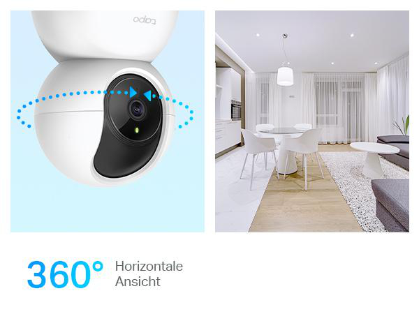 Weiße und schwarze Überwachungskamera. Zeigt 360°-Ansicht und eine Wohnzimmerszene mit weißen Möbeln.