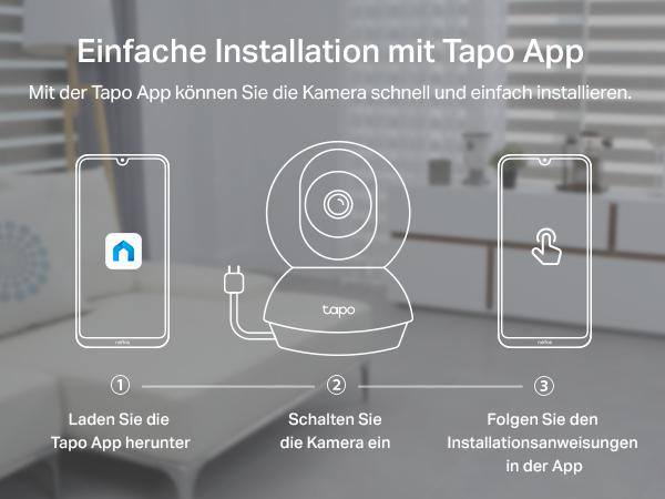 Diagramm, das die Schritte zur Installation einer Tapo-Kamera zeigt, mit Telefon- und Kameraillustrationen.