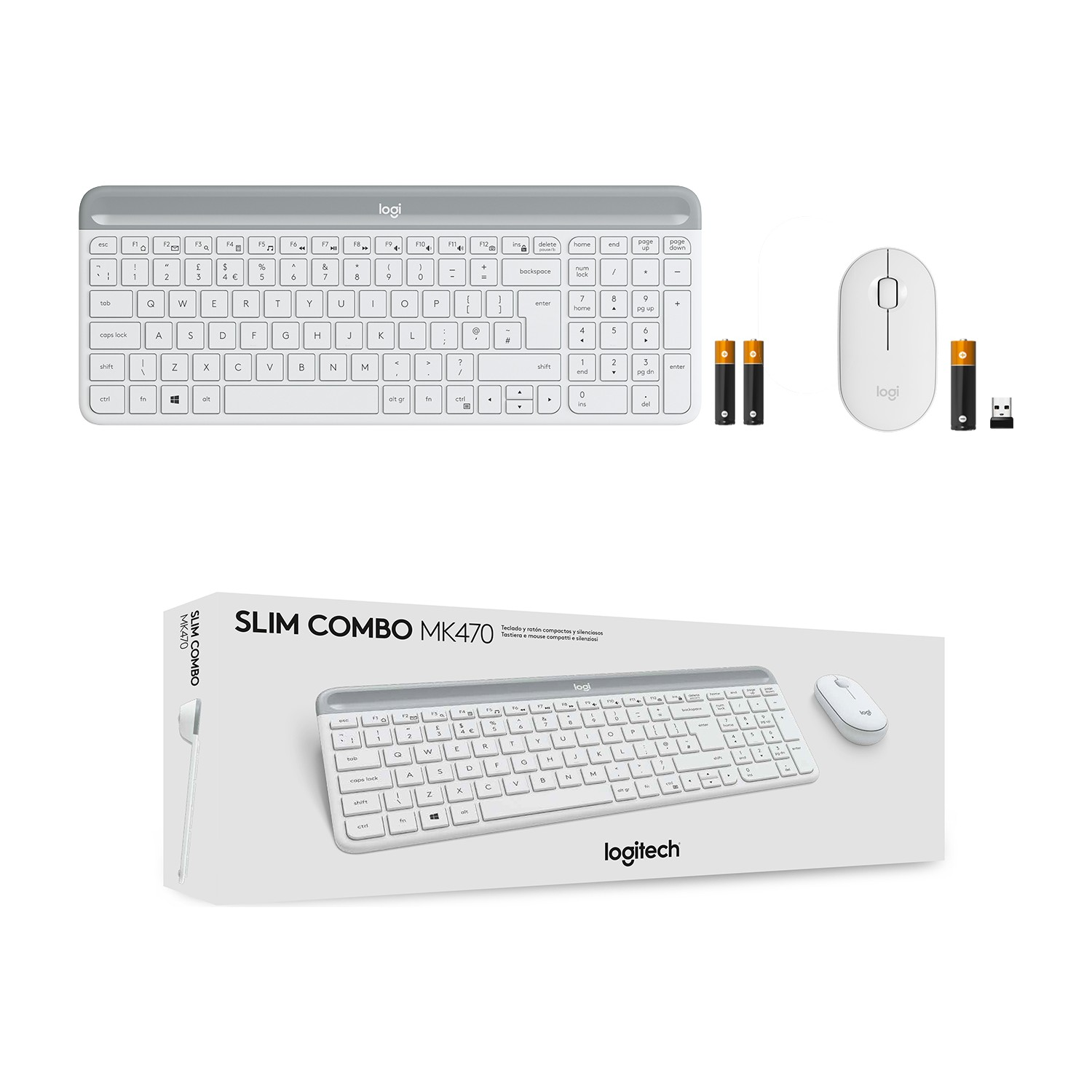 Logitech Slim Combo MK470 klavye ve fare seti ambalajında, pillerle birlikte.