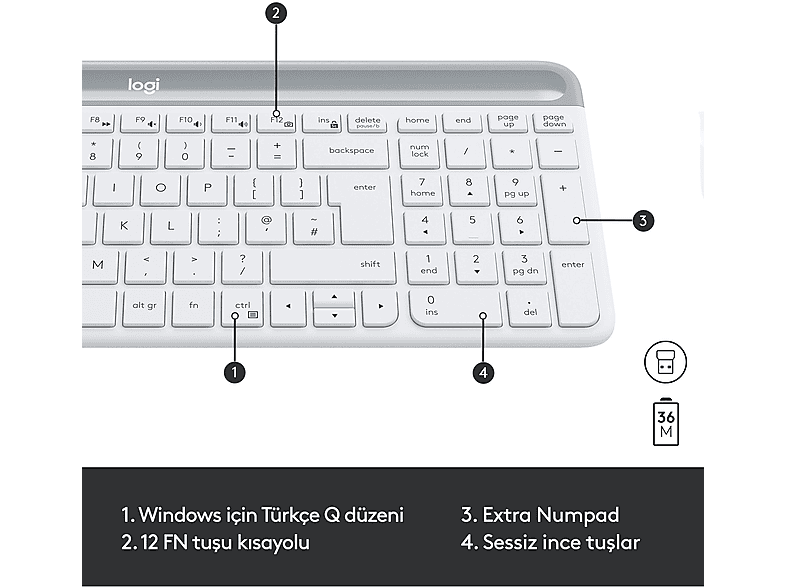 LOGITECH MK470 Kablosuz İnce Türkçe Q Klavye Mouse Seti - Beyaz_6