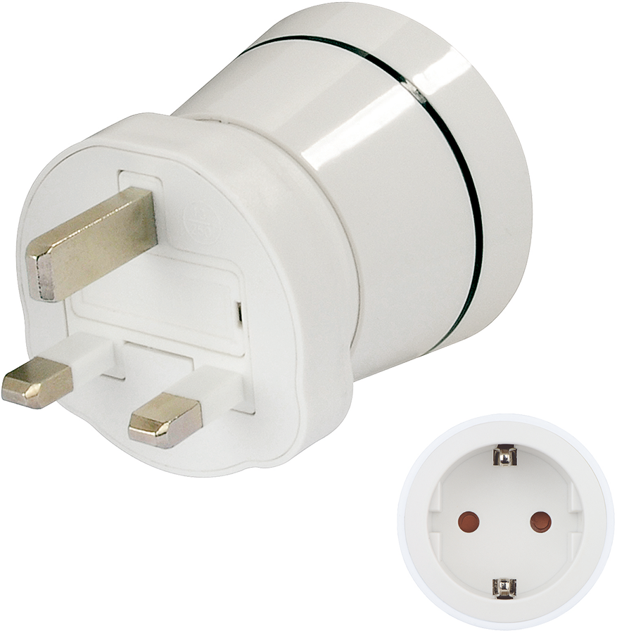 Witte reisadapter met Britse stekker en een Europees stopcontact. Een ander stopcontact wordt apart getoond.