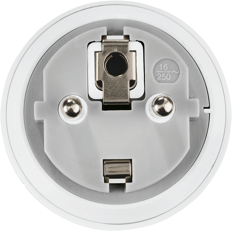 A white electrical outlet with a gray interior and two metal prongs for plugs, viewed from above.