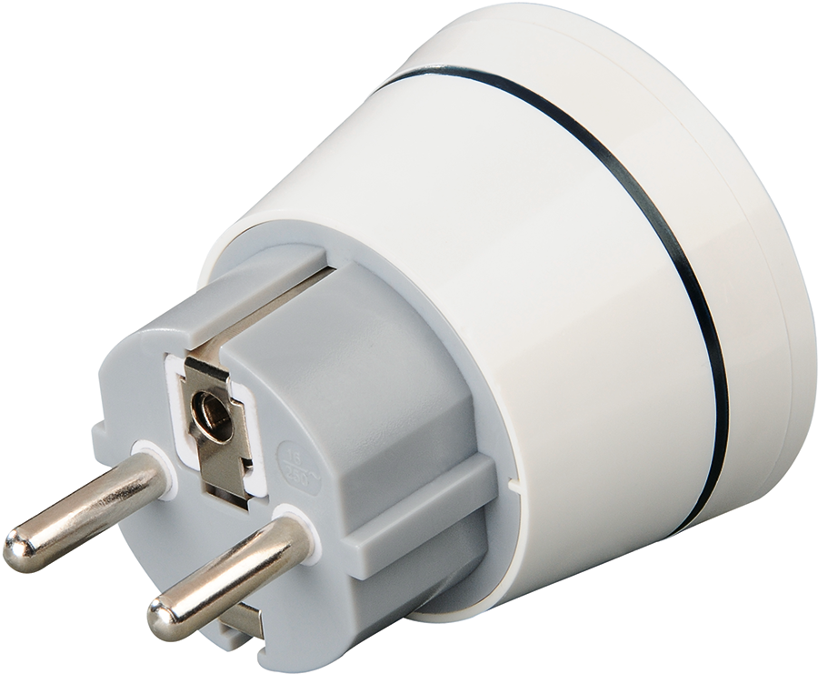 White and gray power adapter, viewed from an angled perspective. It has two prongs.