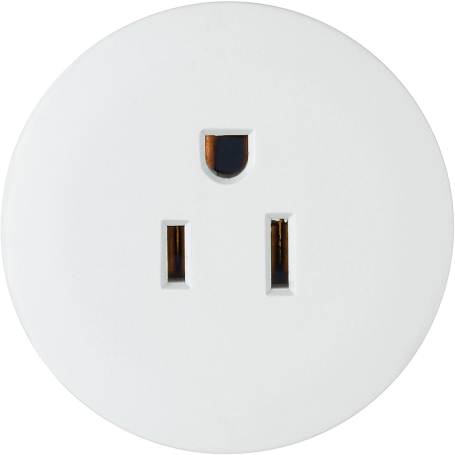 A white smart plug with three holes for electrical outlets.