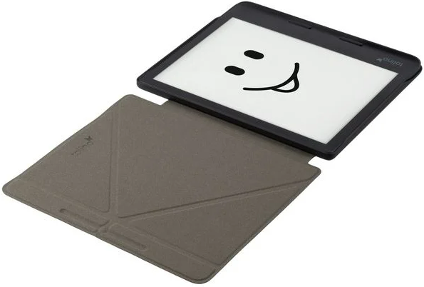 E-Reader mit einem Smiley auf dem Bildschirm. Graue Hülle geöffnet.