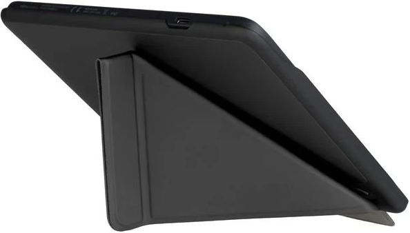 Schwarzes Tablet, das von einer Hülle aufgestellt wird, schräge Ansicht.