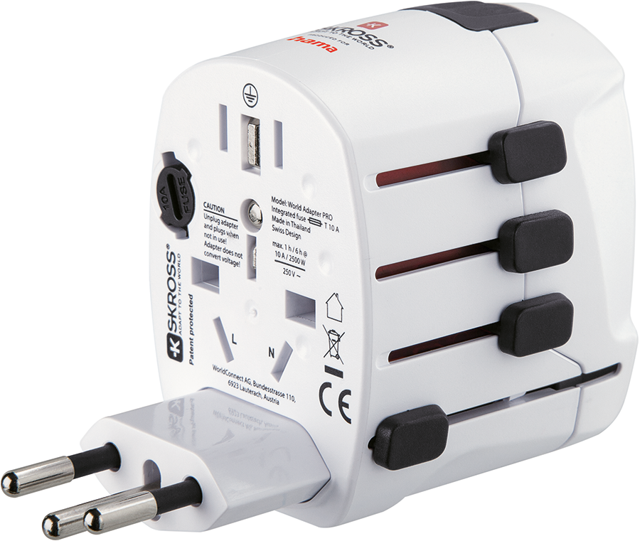 White travel adapter with multiple plug types and black buttons.