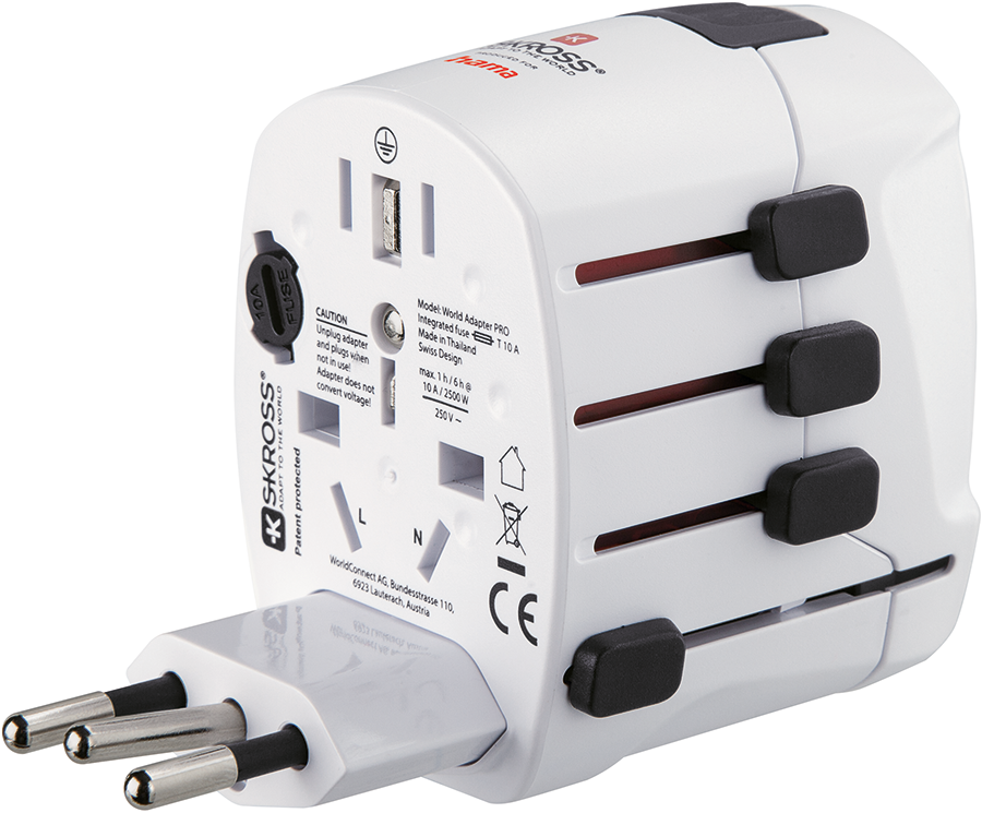 White and black travel adapter. It has several outlets and switches. The brand name is SKROSS.