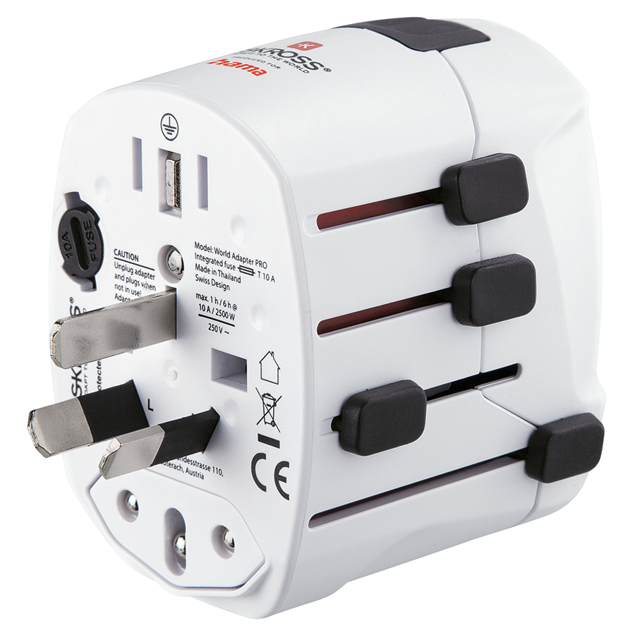 White travel adapter with multiple plug configurations and ports, black buttons, and text labels.