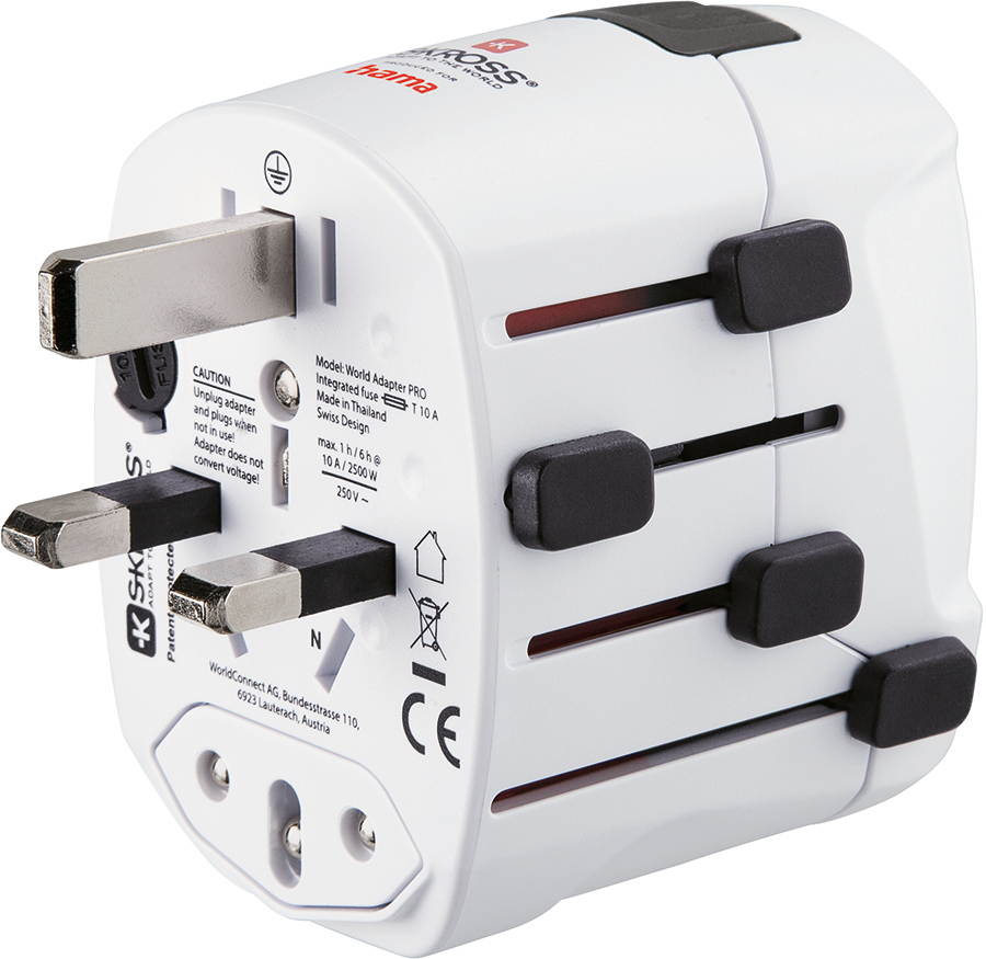 White travel adapter with multiple plug types, white background.