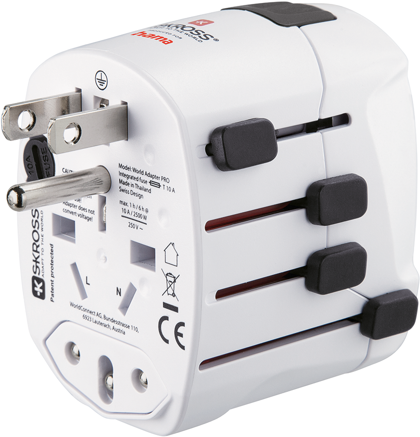 White and black world travel adapter with plug prongs and sliding black switches. Brand name and details are printed on the side.