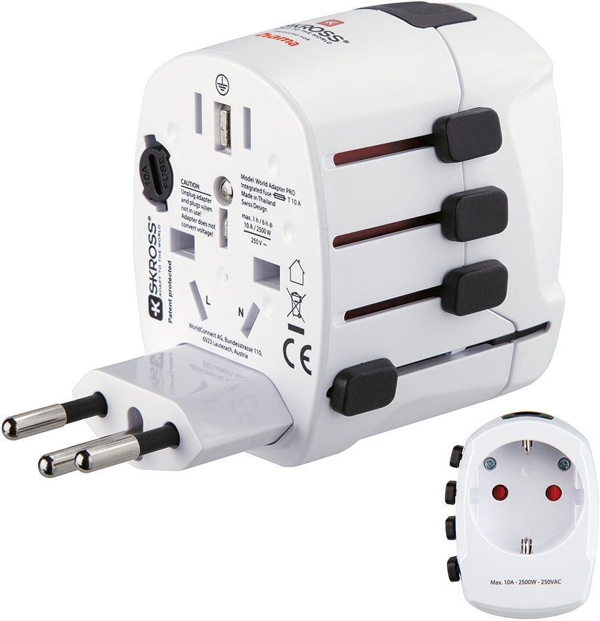 White and black travel adapter. It has multiple plugs and a USB port.
