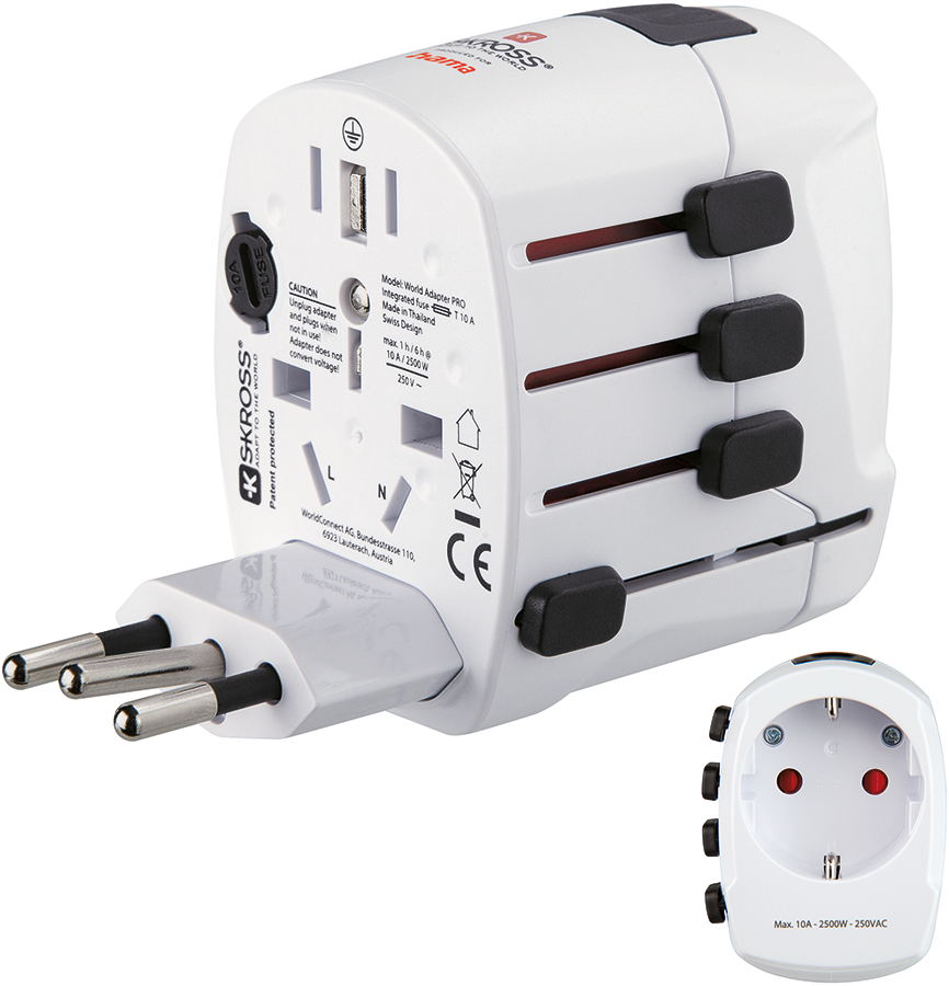 A white travel adapter with multiple plug configurations and a small socket.
