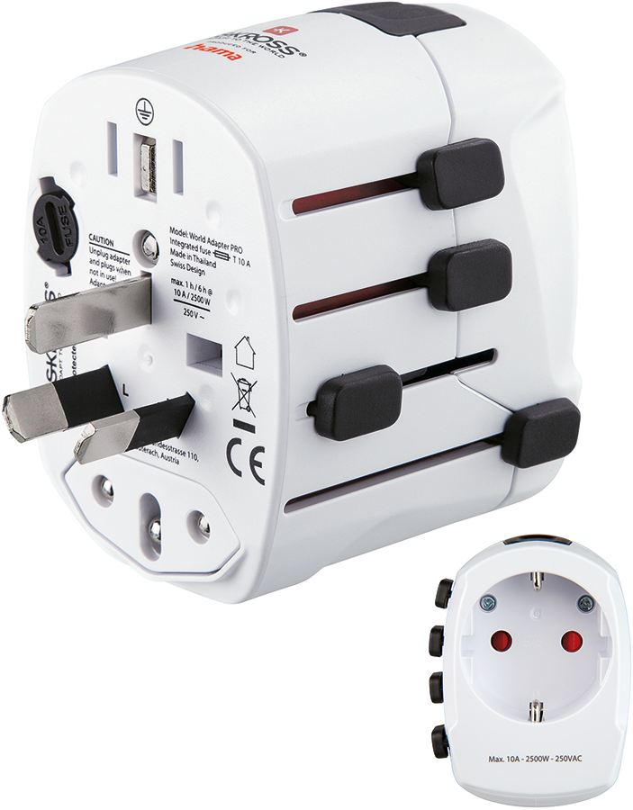 White travel adapter with multiple plug configurations and a USB port.