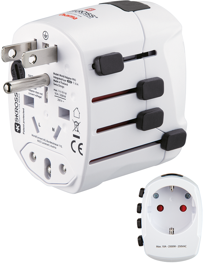 White and black travel adapter with multiple plugs and an additional smaller one. Text on the adapter.