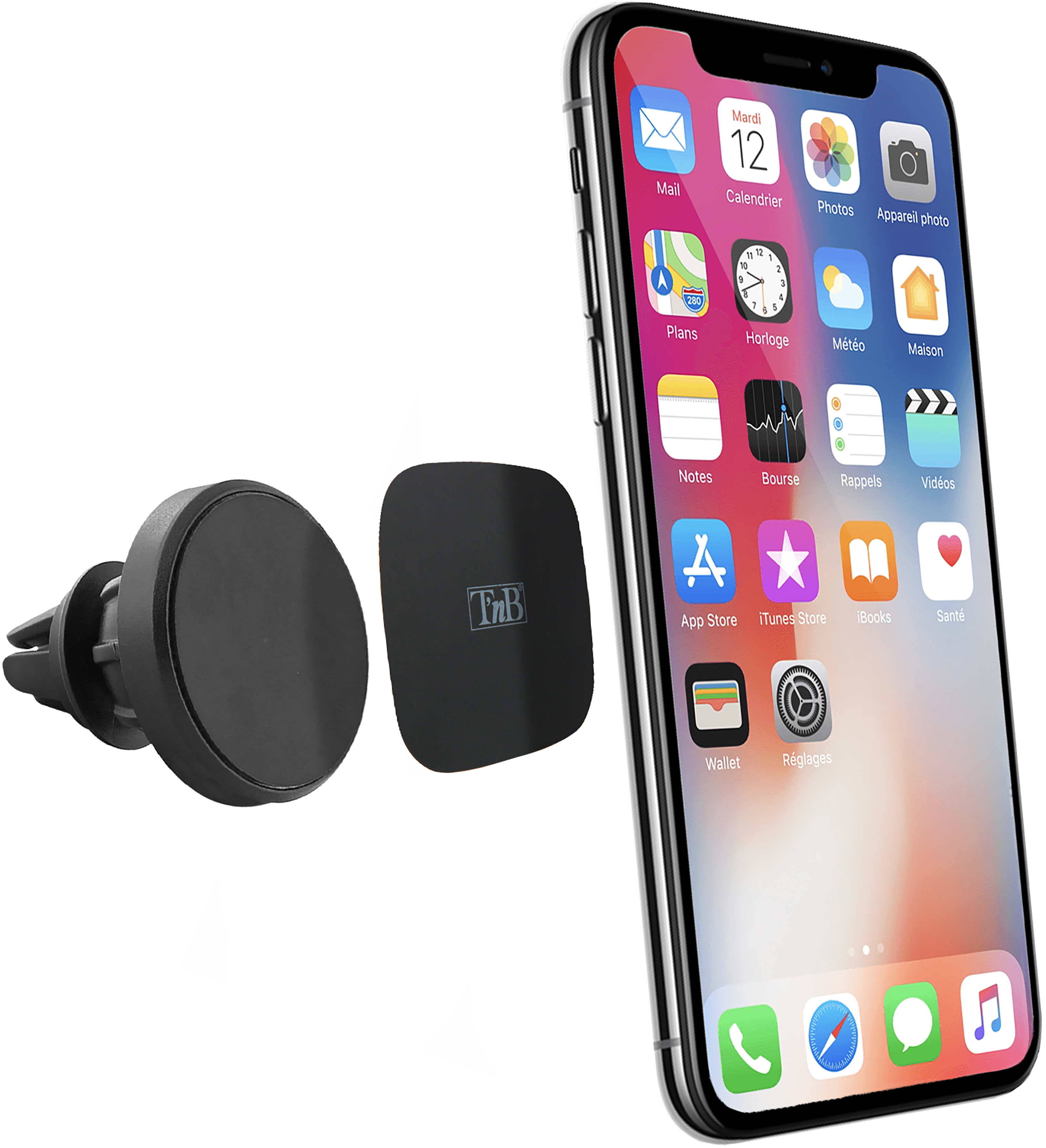 Support de téléphone noir avec un téléphone fixé dessus.
