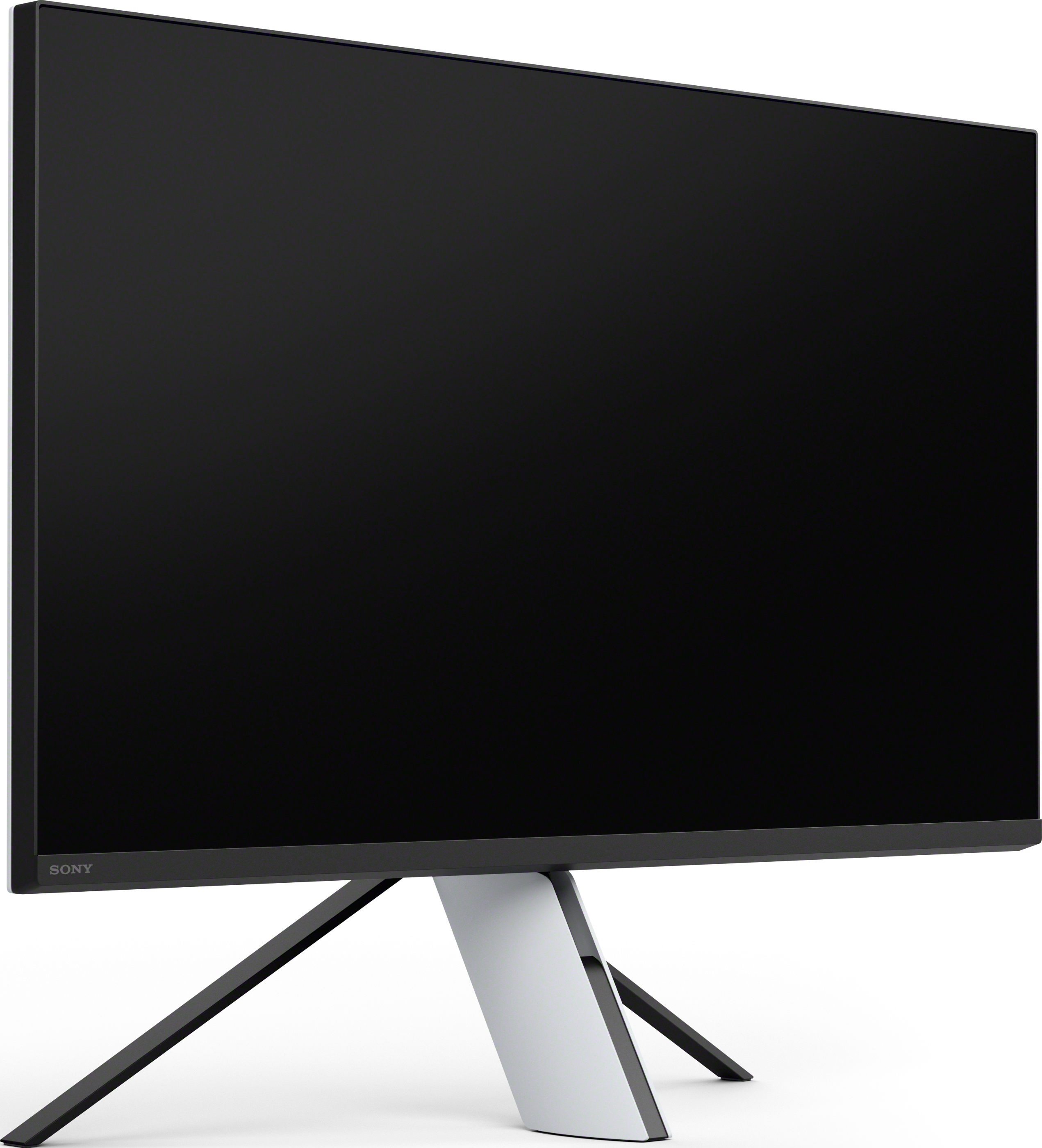 Ein schwarzer Computermonitor mit weißem Ständer, seitlich abgewinkelt.