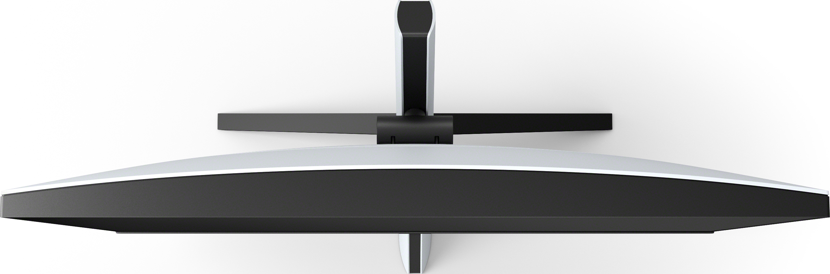 Ein gebogener Computermonitor, schwarz mit weißem Boden, direkt von oben betrachtet.