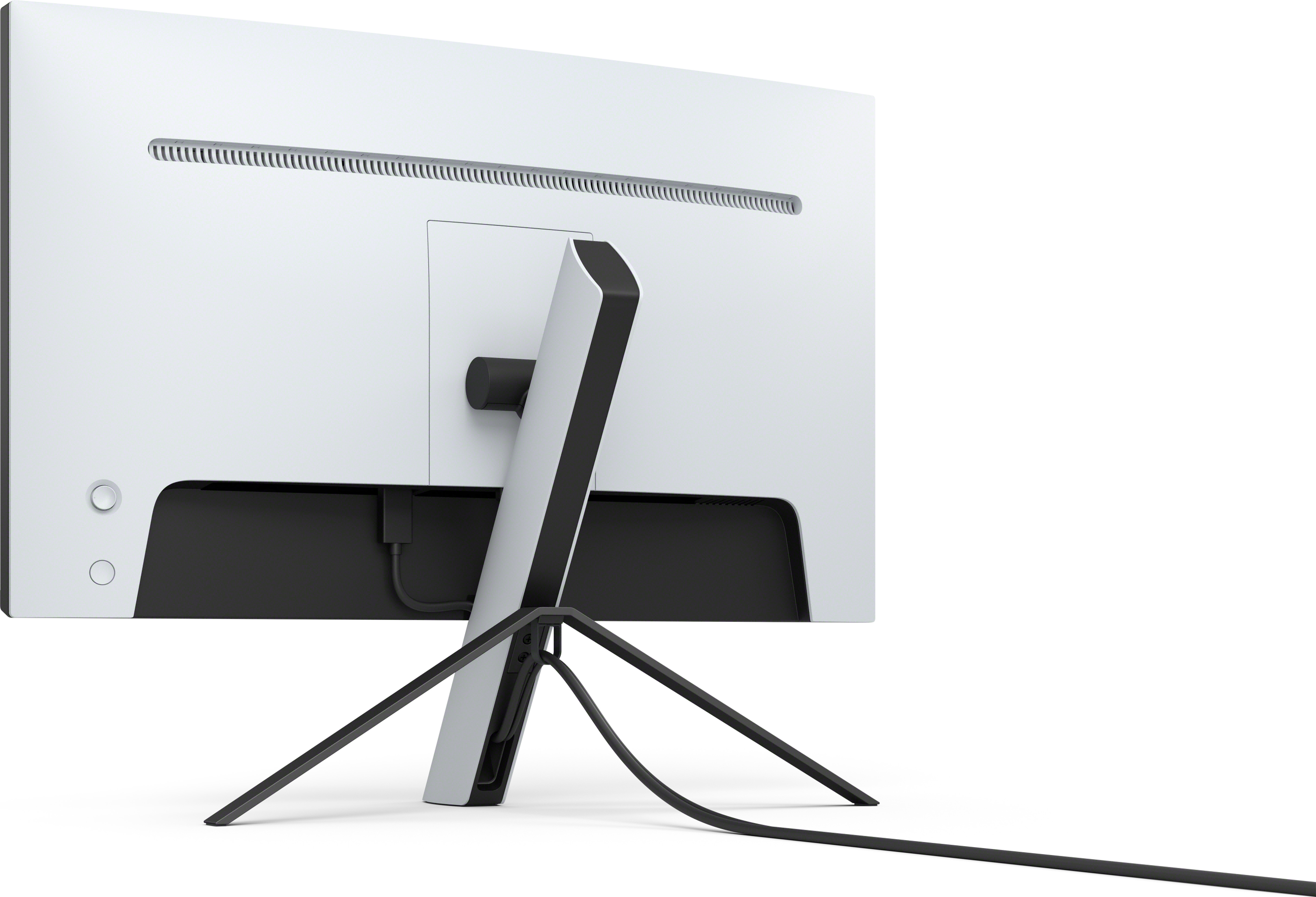 Rückseite eines weißen Monitors mit schwarzem Ständer und Kabel.