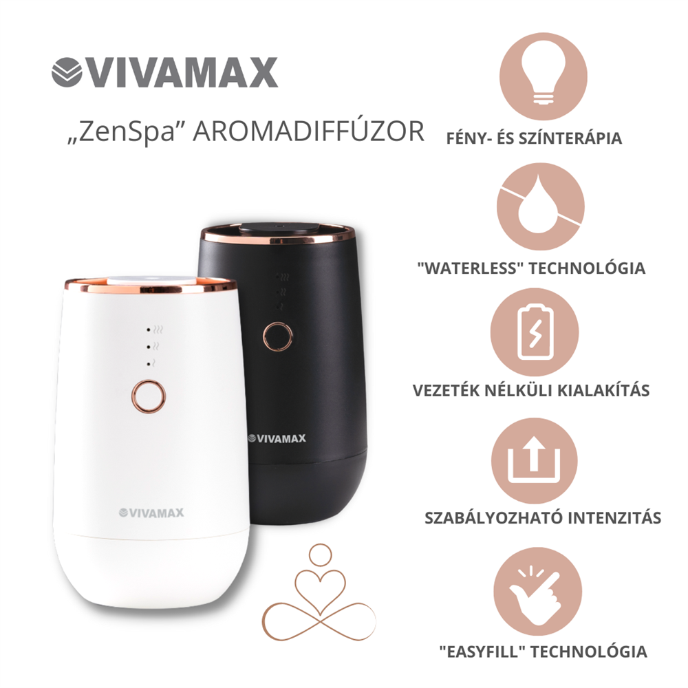 Két Vivamax ZenSpa aromadiffúzor. Egy fehér, egy fekete, ikonokkal, amelyek a funkciókat jelzik.