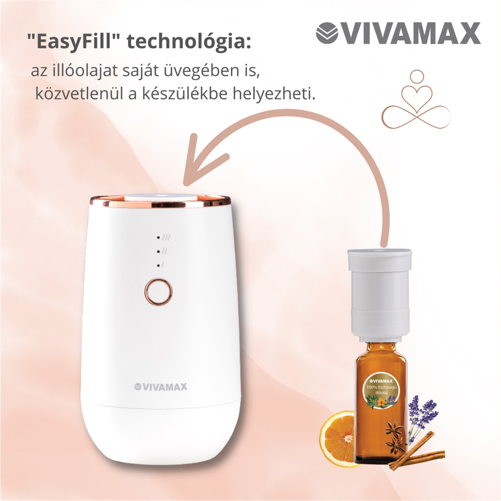 Egy fehér Vivamax diffúzor rózsaarany ékezetekkel. Egy illóolajos üveget öntenek bele.