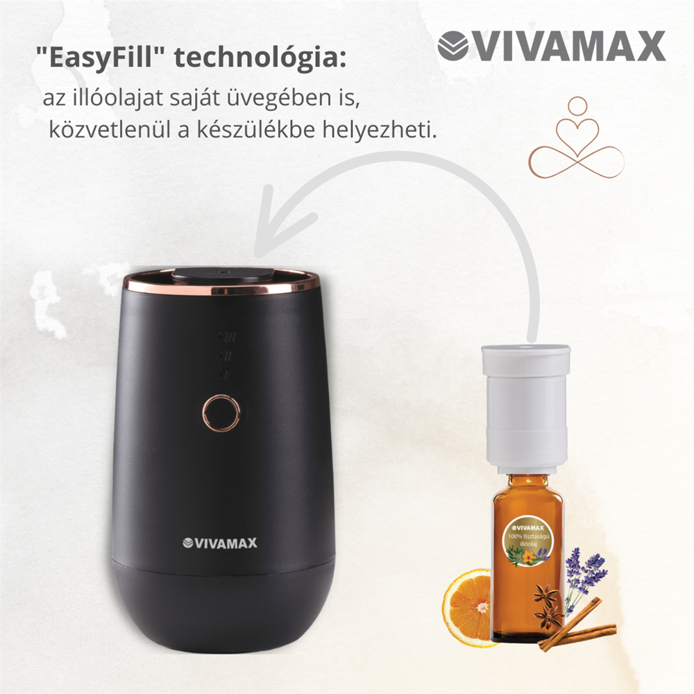 Egy fekete illóolaj-diffúzor egy olajos üveggel és egy narancsszelettel. Fehér háttér.