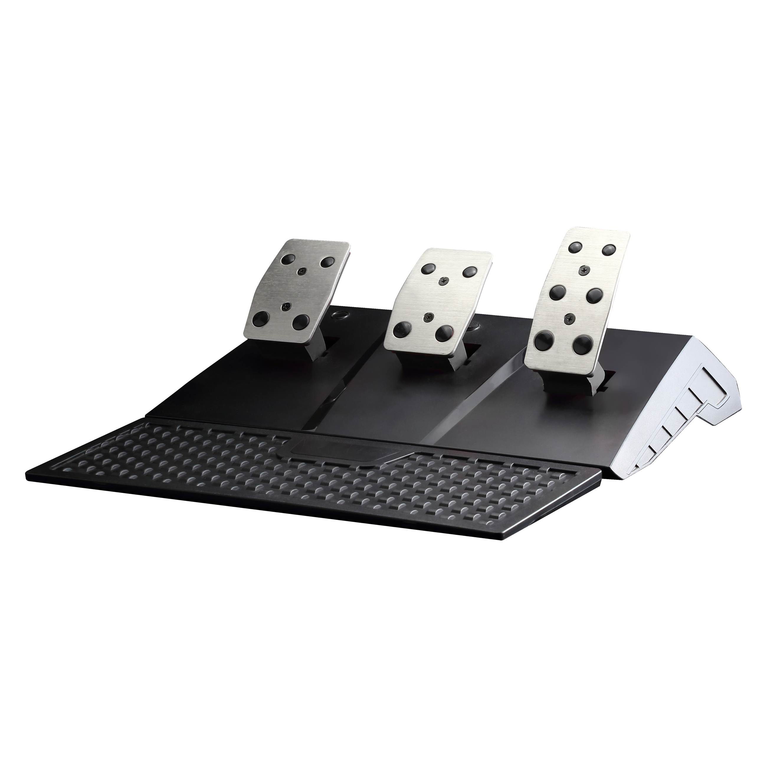 Pédales de jeu sur une plateforme noire. Trois pédales argentées sont visibles, ainsi qu'un repose-pieds texturé.