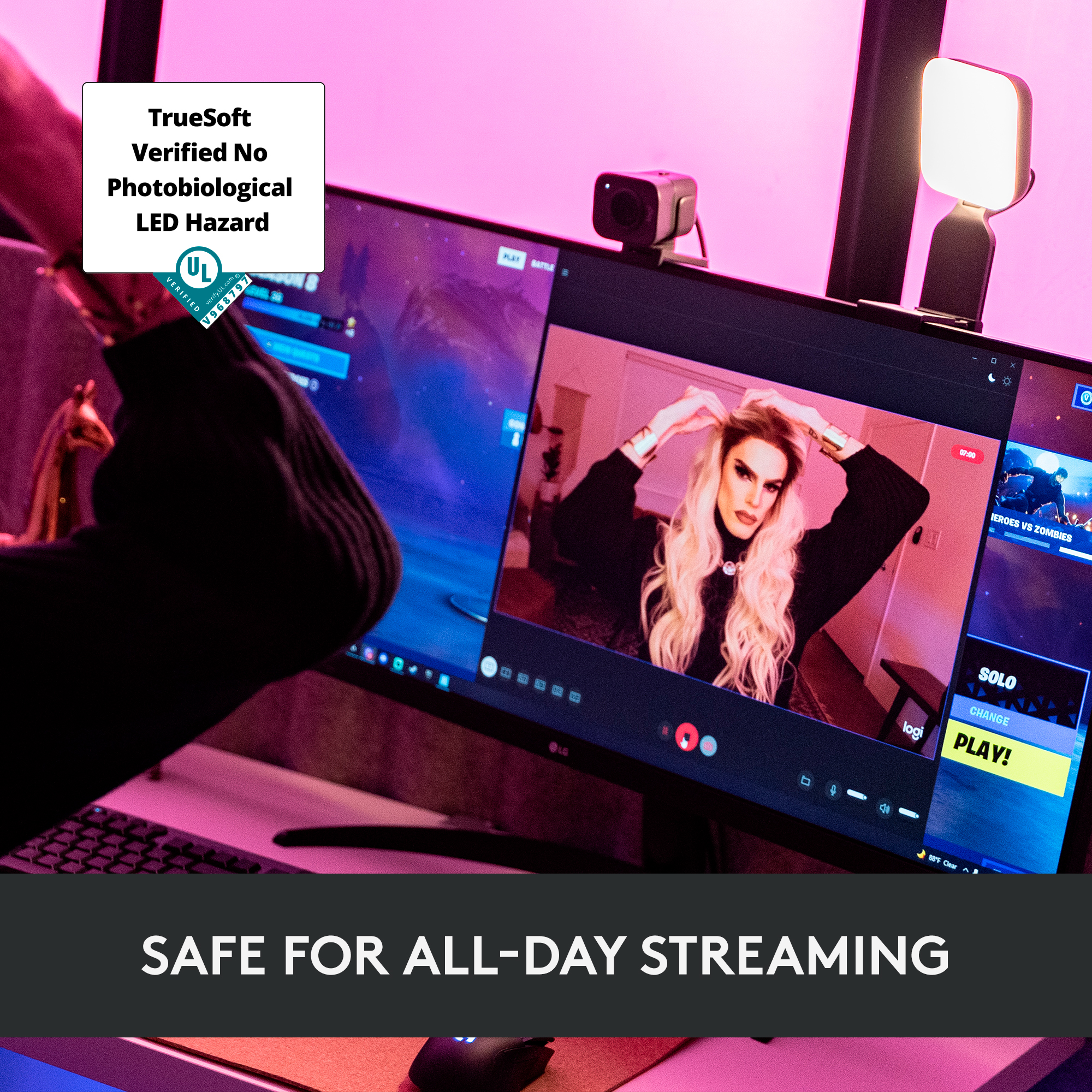 Person streamt mit Licht, Monitor und Tastatur. Text sagt sicheres Streaming.