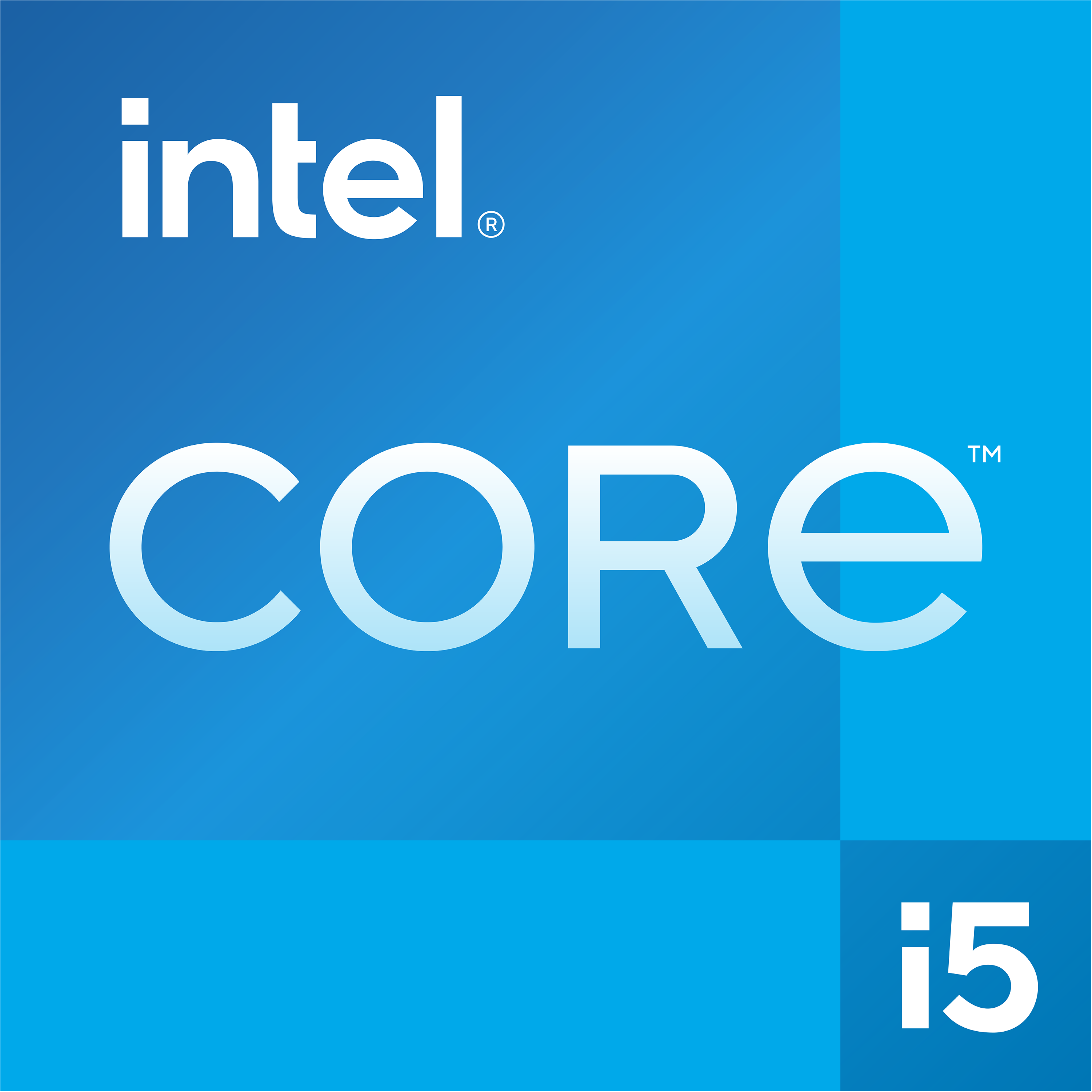 Logo Intel Core i5, sfondo blu, con testo bianco.