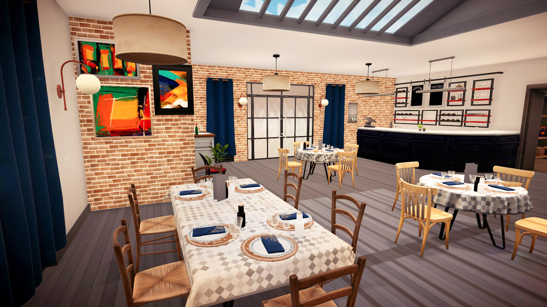 Ein Restaurantinterieur mit Tischen und Stühlen.