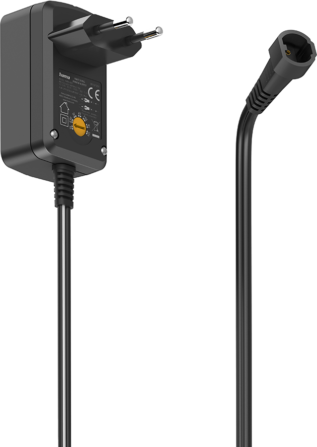 Een zwarte voedingsadapter met een tweepolige stekker en een zwarte kabel met connector.