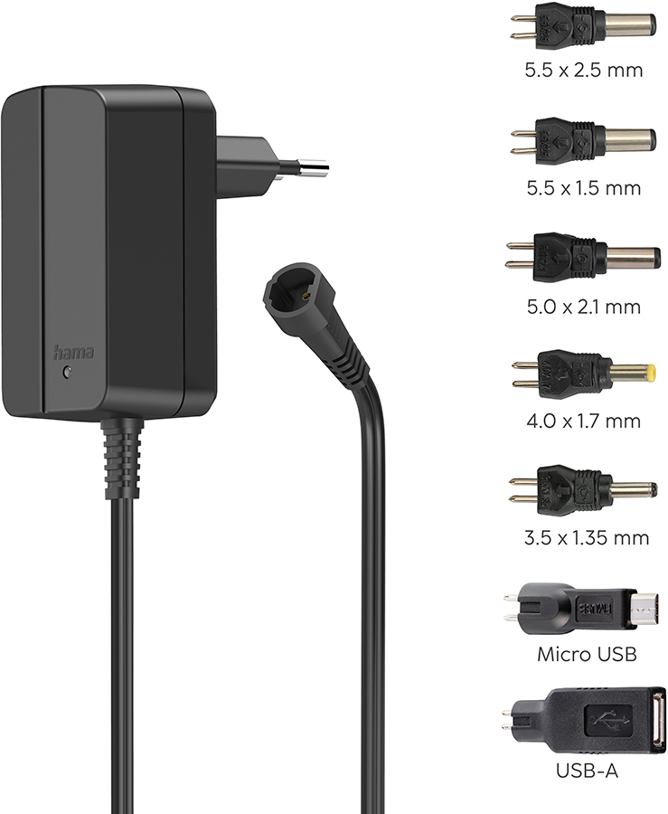 Een zwarte voedingsadapter met diverse connector tips, waaronder USB en DC-maten.
