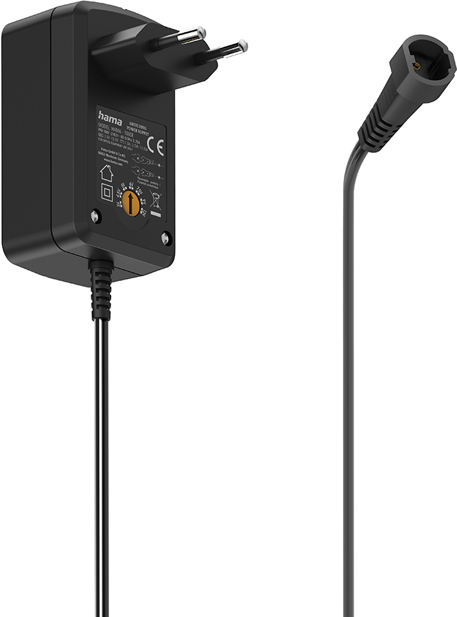 Een zwarte voedingsadapter met een kabel. De adapter heeft een stekker en een stopcontact voor een andere kabel.