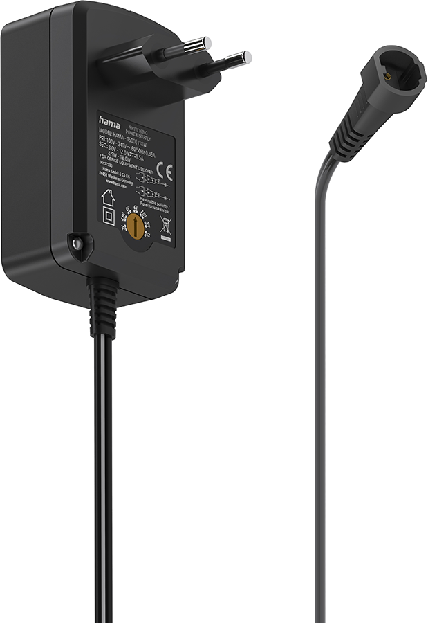 Black power adapter with a plug and a cable with a connector.