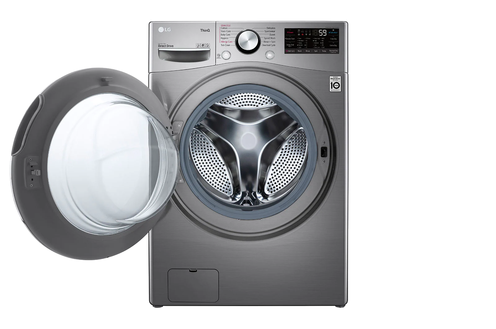 Gri bir LG çamaşır makinesi, kapısı açık ve bir kontrol paneliyle.