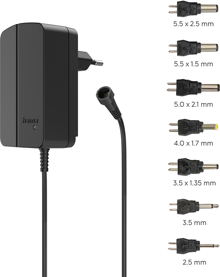 Black power adapter with multiple interchangeable plugs. Various sizes for different devices.