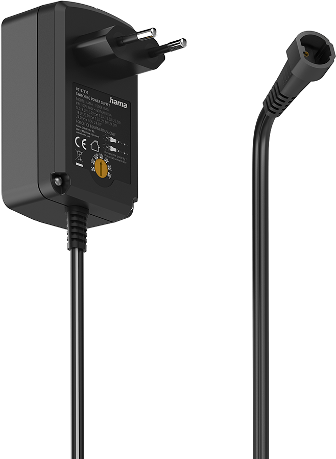 A black power supply unit with a cable and a plug.