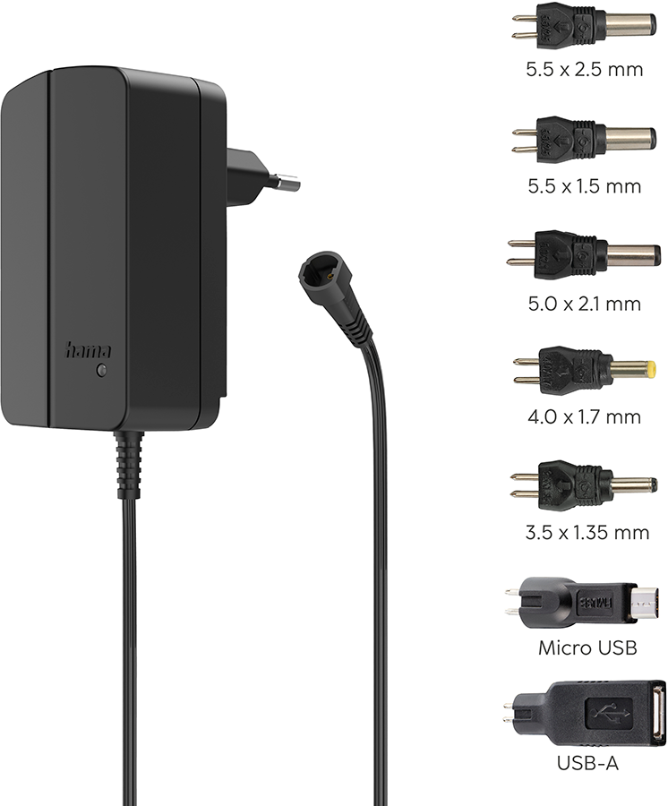 Black power adapter with multiple interchangeable plugs including USB-A and Micro USB.