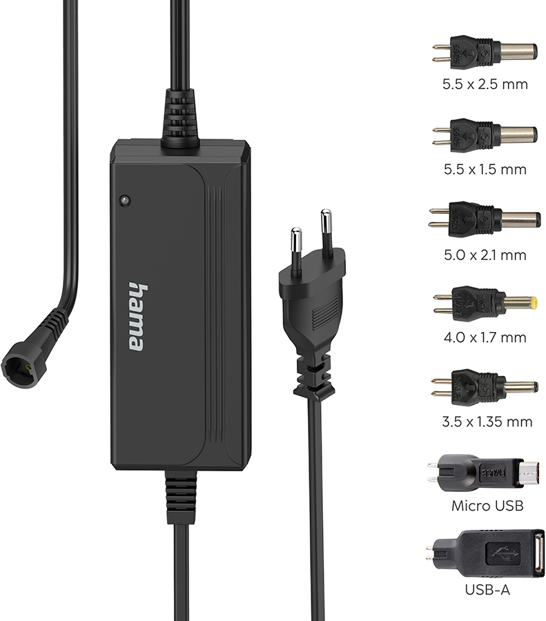 A black power adapter with multiple adapter tips, including USB and micro-USB.