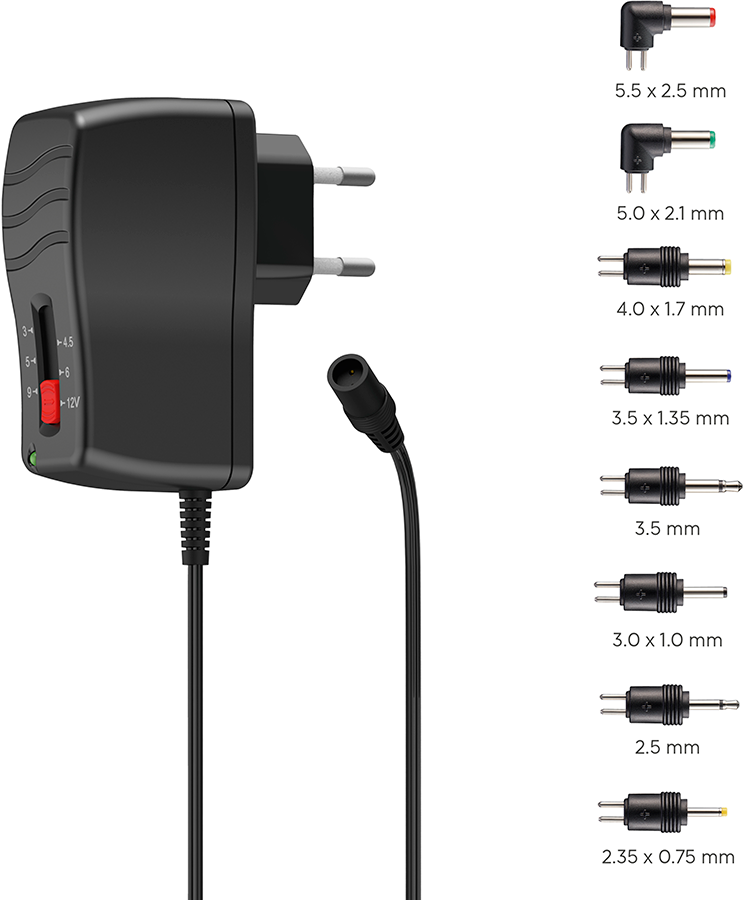 Black adapter with various plugs. Multiple connector types are shown on the right.