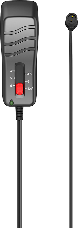 Black power adapter with a red switch. Cables with connectors.