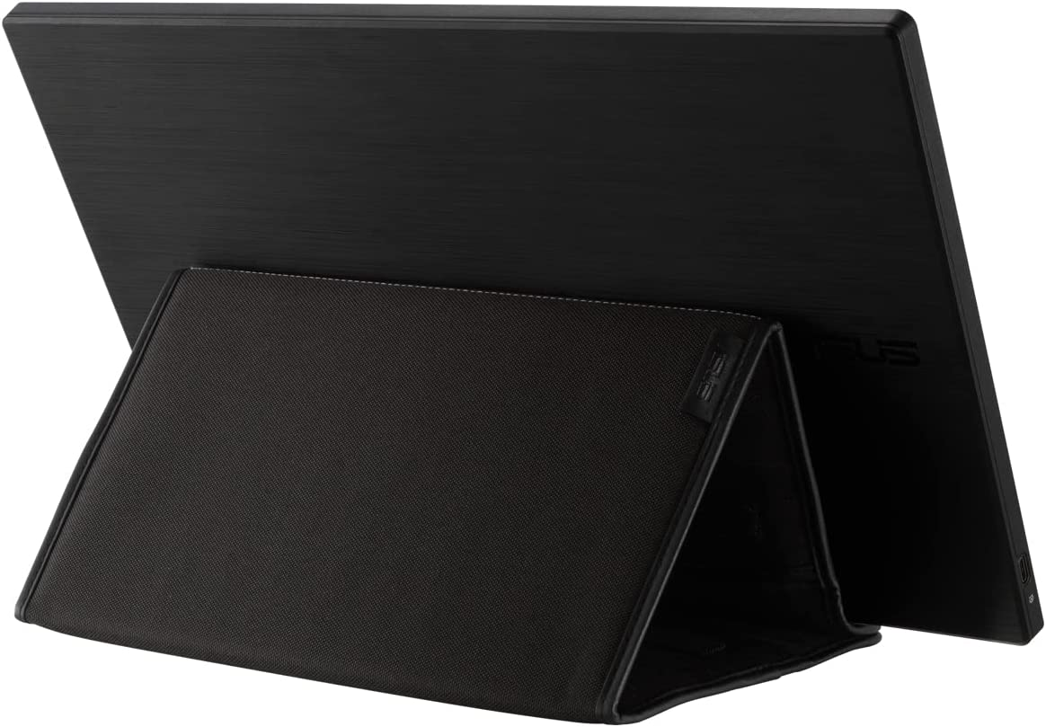 Monitor portátil negro con soporte, vista en ángulo. El logotipo de ASUS es visible.
