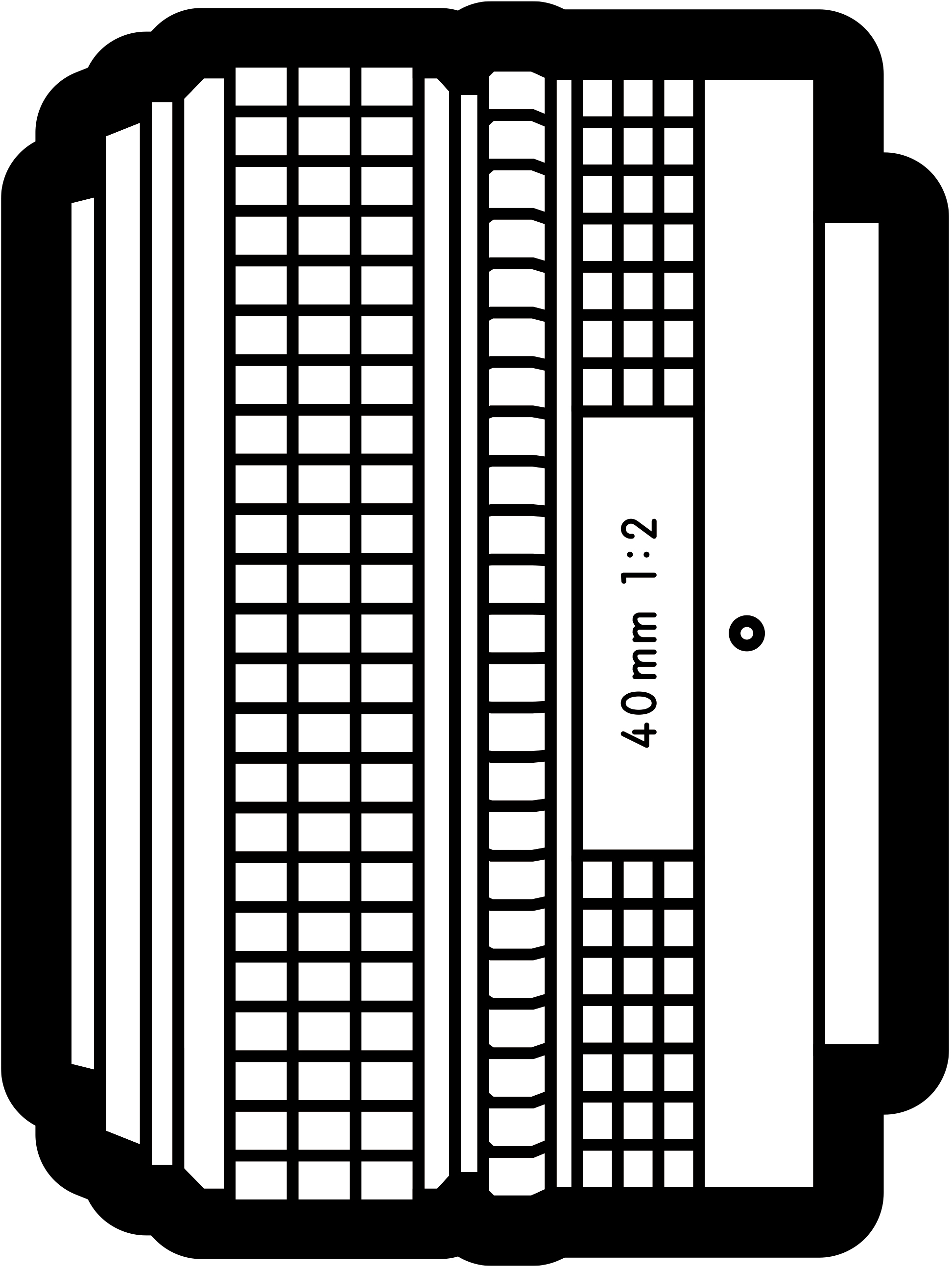 Diagramm eines Objektivs mit Text: 40mm 1:2 und anderen Details.