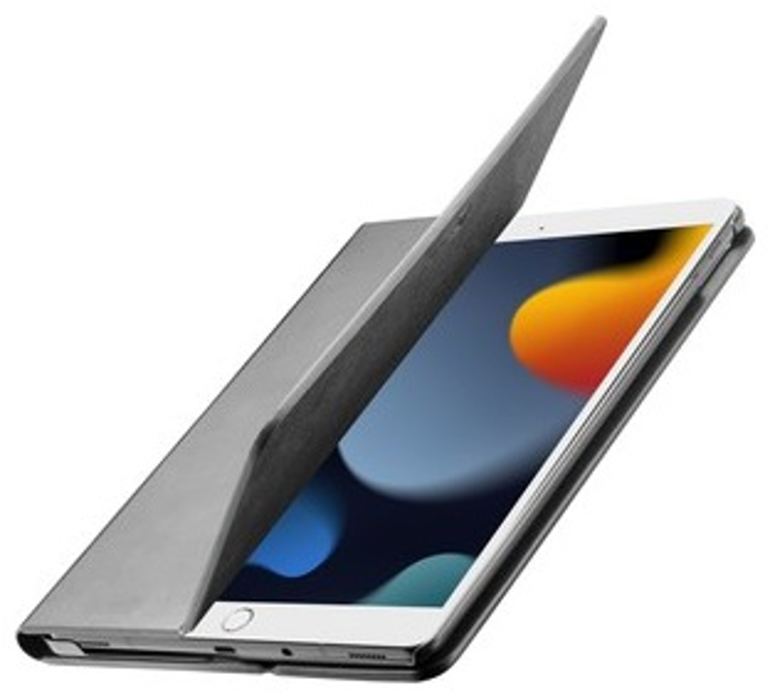 Weißes Tablet mit hellgrauer Hülle, Hülle teilweise geöffnet.