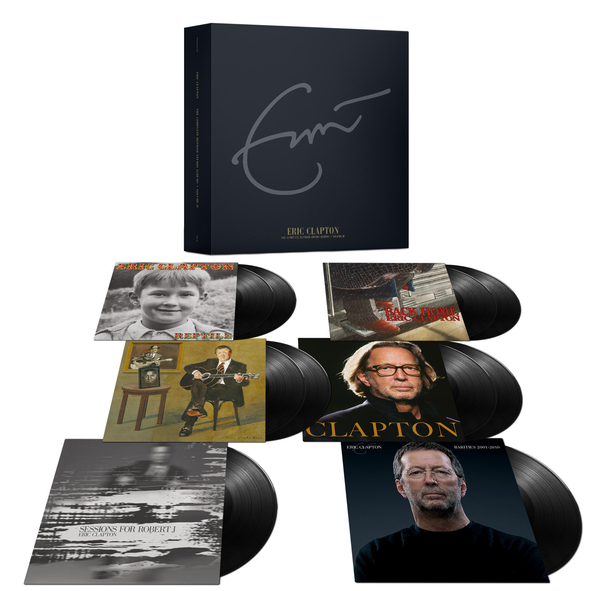 Eine Box mit Eric Clapton Alben, mit Schallplatten und Albumcovern sichtbar.