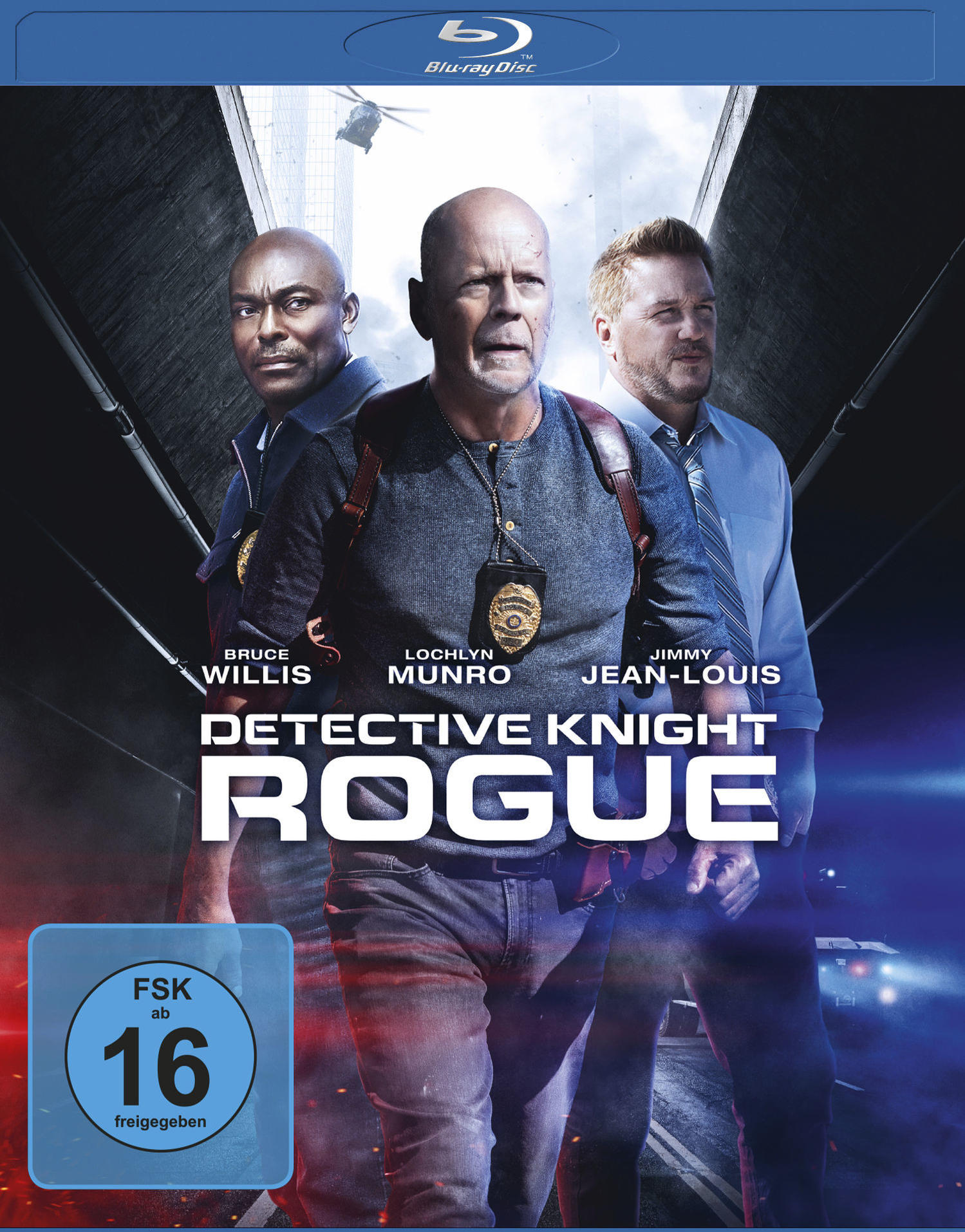 Blu-ray-Cover von Detective Knight Rogue. Bruce Willis, Lochlyn Munro und Jimmy Jean-Louis sind zu sehen.