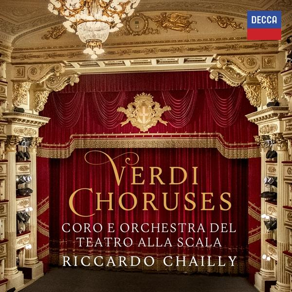 Couverture de l'album Verdi Choruses, rideau rouge, décor doré, scène et orchestre.