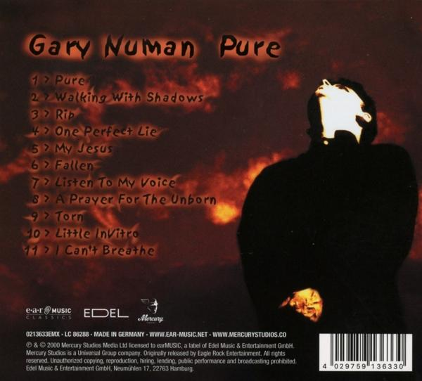 Rückseite von Gary Numans Pure CD mit Titelliste, Bild und Copyright-Informationen.