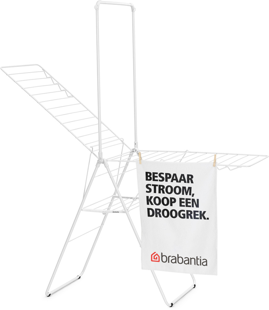 Séchoir blanc avec un panneau indiquant "Économisez de l'électricité, achetez un séchoir" avec une pince à linge.