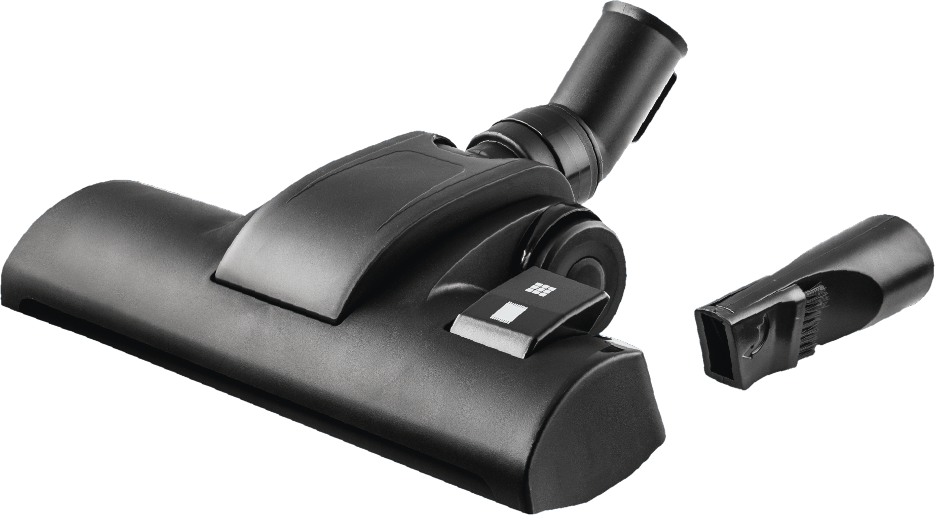 Tête d'aspirateur noire avec un accessoire de brosse et un fond noir.